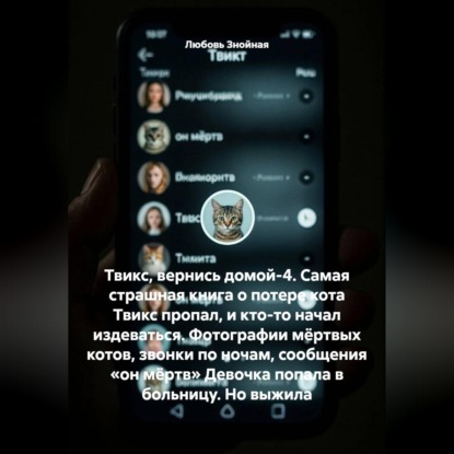 Твикс, вернись домой-4. Самая страшная книга о потере кота Твикс пропал, и кто-то начал издеваться. Фотографии мёртвых котов, звонки по ночам, сообщения «он мёртв» Девочка попала в больницу. Но выжила